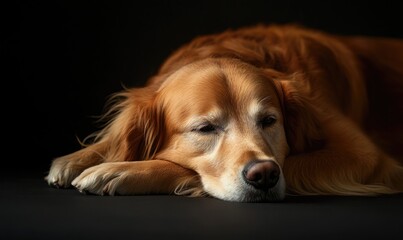 Wall Mural - A dog is laying down on a black surface