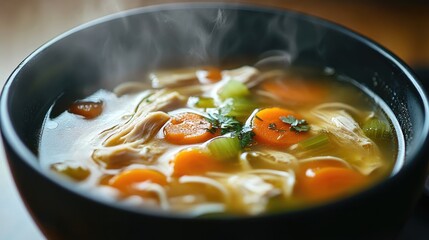 A steaming bowl of chicken noodle soup, with slices of carrot and celery floating in the broth.