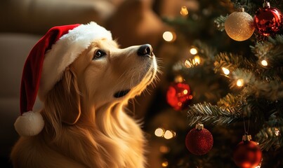 Poster - A dog wearing a Santa hat is looking at a Christmas tree