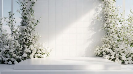 Sticker - clear white podium with white flowers, white tile wall, wedding bouquet, flower background