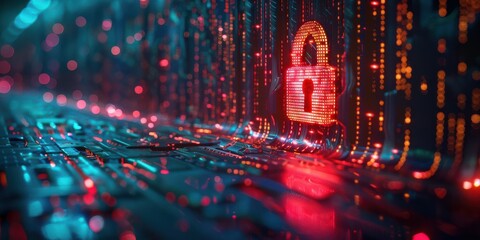 Wall Mural - Futuristic data center corridor glowing with red and blue lights, symbolizing technology and cybersecurity. Free copy space for text.