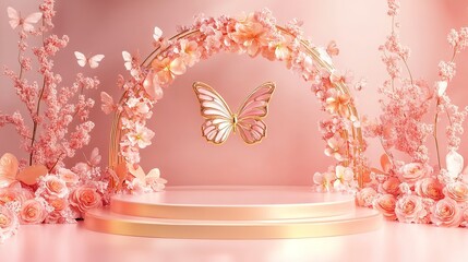 Poster - luxurious golden butterfly podium display with pink rose flowers and 3d floral arch beauty product showcase mockup wedding or spring event background digital illustration