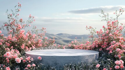 Poster - Natural beauty podium backdrop with spring rose flower field scene. 3d rendering 