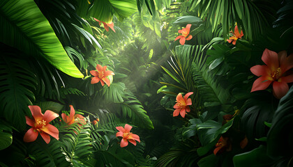 A lush jungle scene with vibrant green leaves and exotic flowers, bringing the warmth of the tropics to your screen