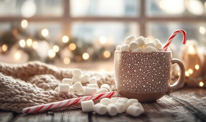 A mug of hot chocolate with marshmallows and a red and white cane