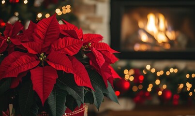 A red poinsettia plant sits in front of a fireplace