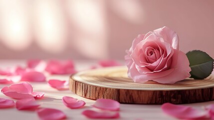 Wall Mural - Wooden podium with pink rose and petals to demonstrate products, cosmetics and gifts. Valentine, mother day and women day concept 