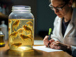© Marcos - Focused Researcher in White Lab Coat Note-Taking Amidst Vibrant Golden Crayfish in Large Glass Jar - Captivating Laboratory Scene with Aquatic Life in Clear Water and Captivating Color Contrast