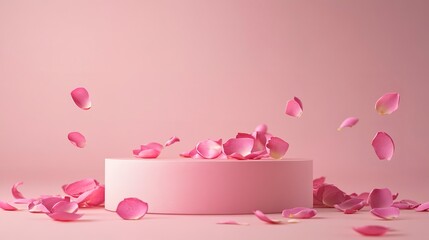 Wall Mural - Pink podium with rose pink petals on pink background 