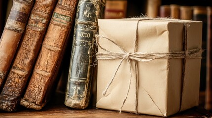 A vintage-style gift box wrapped in brown paper and twine, placed next to a stack of old books.