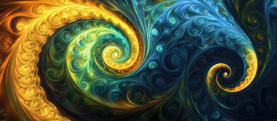 Wall Mural - Repeating spiral fractal design digital illustration showcasing a surreal fantasy background in shades of yellow blue green and black