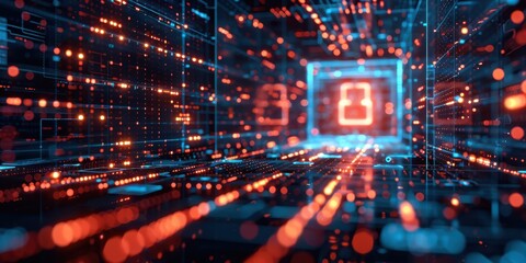 Wall Mural - Futuristic data center corridor glowing with red and blue lights, symbolizing technology and cybersecurity. Free copy space for text.