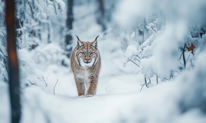 Poster - A small brown and white cat is walking through the snow