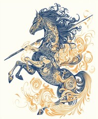 Wall Mural - An intricately designed unicorn with swirling patterns and a spear, showcasing fantasy art.