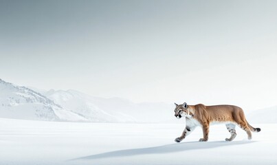 A brown and white cat is walking across a snowy field