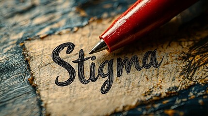 Handwritten stigma word with red pen illustration on textured paper