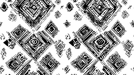 Poster - Seamless pattern featuring black and white geometric background adorned with hand drawn decorative tribal elements Print showcases ethnic folk and traditional motifs Graphic illustration