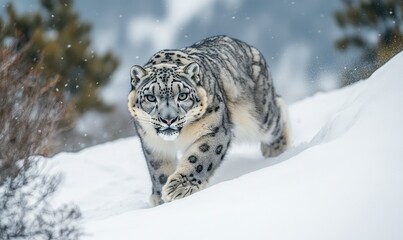 Wall Mural - A snow leopard is walking through the snow