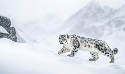 Wall Mural - A snow leopard is walking across a snowy mountain