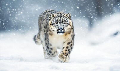 Wall Mural - A snow leopard is walking through the snow