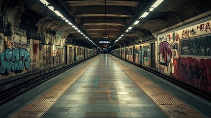 Canvas Print - A Subway Platform with a Train and Graffiti Art