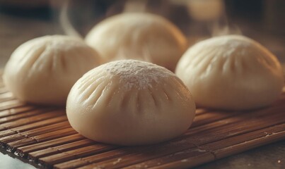 Steamed rice buns with a light dusting of flour, placed on a bamboo mat, cozy, inviting, soft lighting, f/1.8 --ar 5:3 --v 6.1 Job ID: 9916c4d7-ab51-46b4-9808-ffde5566a31b