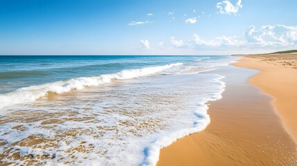 Foamy Waves Crashing on a Sandy Beach Under a Blue Sky