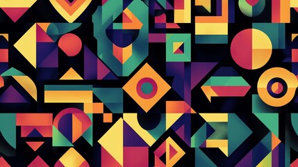 Abstract geometric pattern with colorful shapes on a black background.