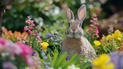 Cute Bunny in a Garden of Flowers