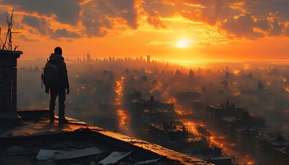 Lone figure on rooftop gazing over devastated cityscape under a vibrant orange post-apocalyptic sunset