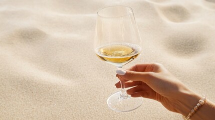 A person is holding a wine glass on a beach