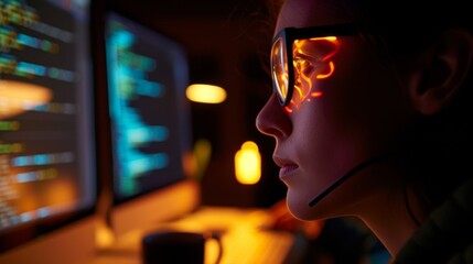 Programmer Working Late at Night, Focused on Code