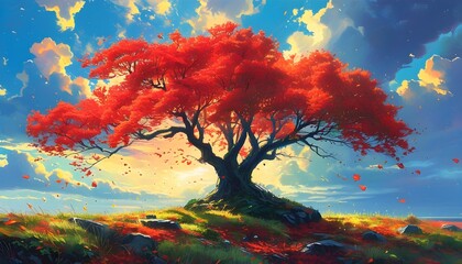 Wall Mural - Majestic red tree swaying in a vivid landscape beneath a dramatic sky, capturing the enchanting beauty of nature