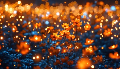 Enchanted field of glowing flowers bathed in orange light, surrounded by sparkling lights, creating a dreamlike magical atmosphere