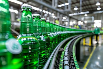 Bottles On Conveyor Belt Quality Control, Hygiene In A Modern Beverage Production Line