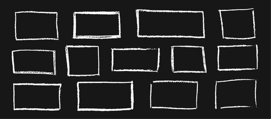 Wall Mural - set of white chalk hand drawn frames. collection of writing on black board by children rectangular a