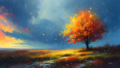 Wall Mural - Whirling Leaves of an Autumn Tree Against a Dramatic Sky