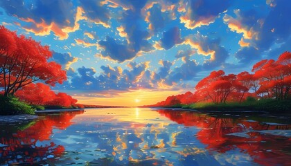 Poster - Majestic red tree swaying in a vivid landscape beneath a dramatic sky, capturing the enchanting beauty of nature