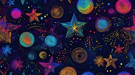 Wall Mural - Colorful, hand-drawn stars and planets on a dark blue background.