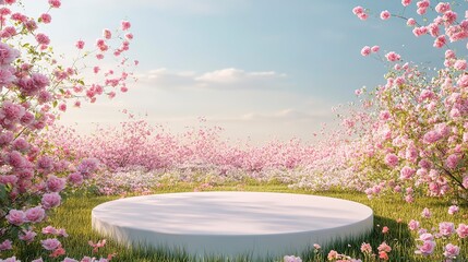 Poster - Natural beauty podium backdrop with spring rose flower field scene. 3d rendering