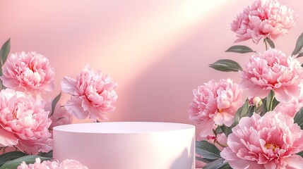 Poster - Empty white podium on peony flower garden pink pastel background with warm morning light for product presentation