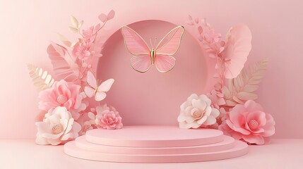 Wall Mural - Butterfly podium background pink 3D flower pedestal rose stage cosmetic wedding platform. Background podium gold butterfly arch floral beauty spring presentation shop paper day product mockup