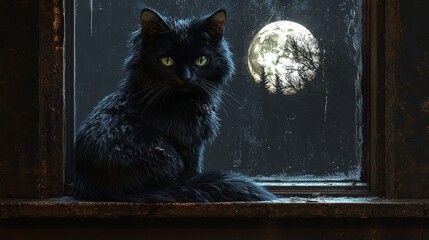 Black cat with green eyes on a windowsill overlooking a full moon and silhouetted trees on Halloween night