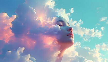 Wall Mural - Surreal integration of a human face and clouds, evoking a dreamlike atmosphere with soft ethereal lighting in an abstract digital landscape