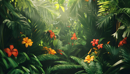 Wall Mural - A lush jungle scene with vibrant green leaves and exotic flowers, bringing the warmth of the tropics to your screen