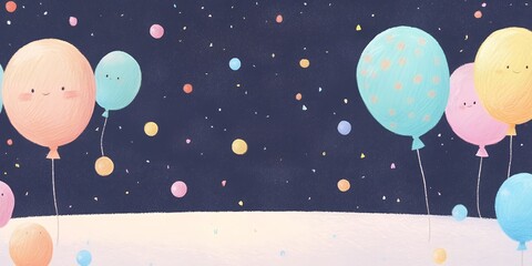 Illustration of colorful balloons with smiling faces floating in a night sky with stars and confetti. Empty space for text. Party or celebration design for invitations, greeting cards, or posters