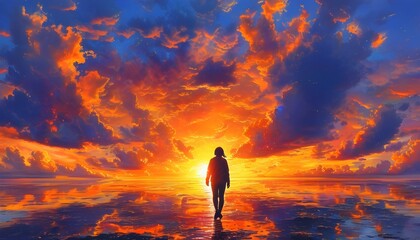 Wall Mural - Person walking into a vibrant sunset sky with dramatic clouds and reflections, capturing a feeling of awe and adventure