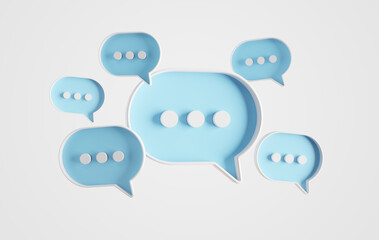 Wall Mural - Minimalist blue speech bubbles talk icons floating over white background. Modern conversation or social media messages with shadow. 3D rendering