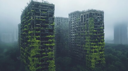 Overgrown and Abandoned Apartment Buildings in Fog