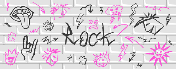 Wall Mural - subway tile with graffiti. black and pink grunge rock doodle elements. rock n roll, punk music symbo